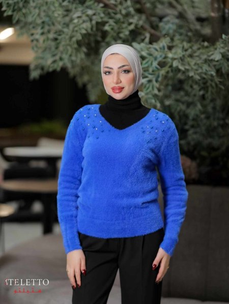 بلوز نيلي مزين بالخرز one size